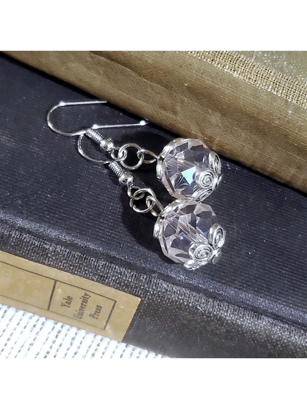 Vintage Light Pink Crystal Beads Antique Silver Carved Accents Earrings - Picture 4 of 10
